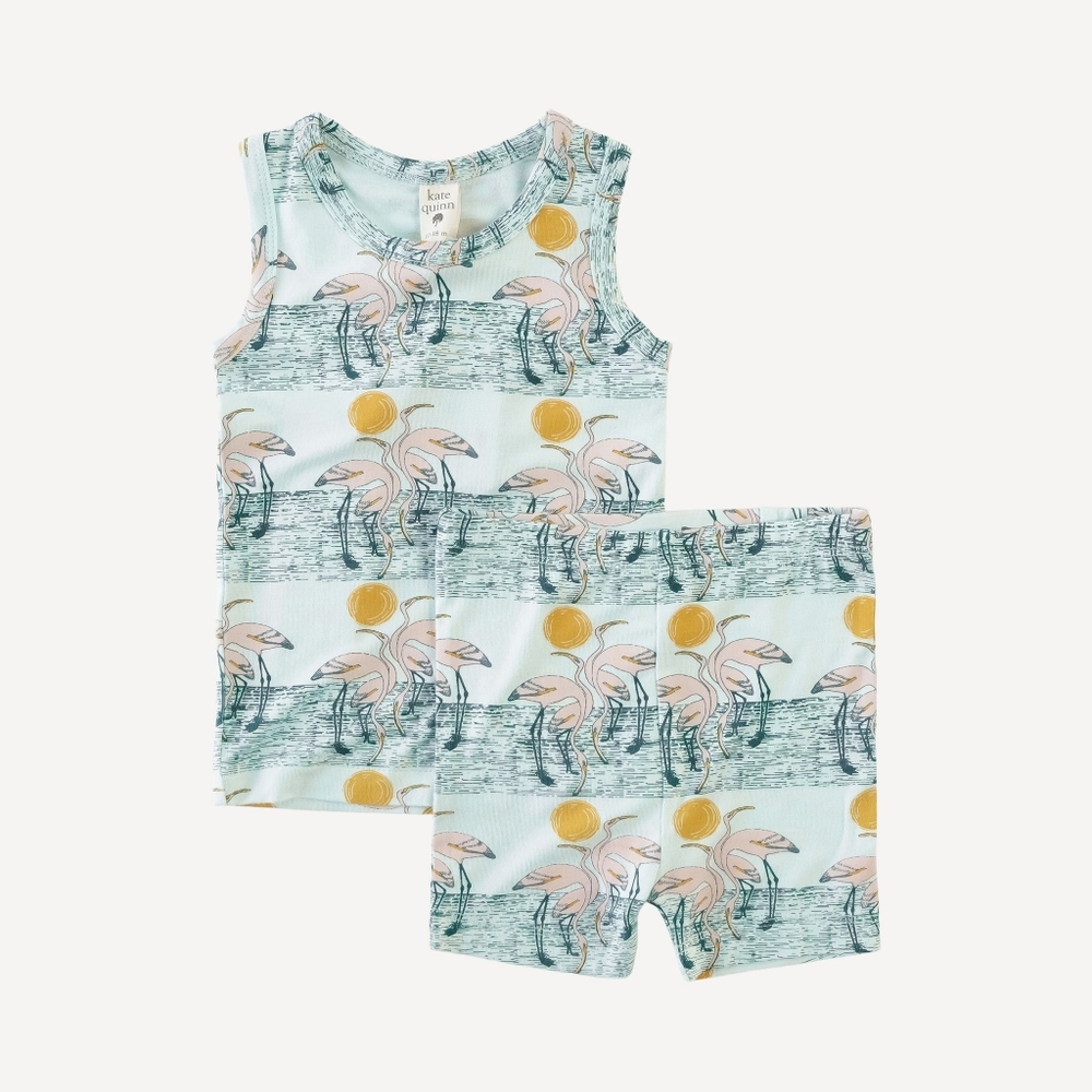 EUC 2T Kate Quinn tank shortie pj set flamingo sun bamboo pajama tank top shorts